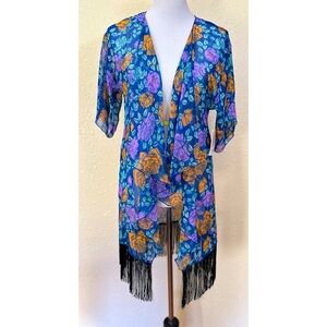 Floral Kimono Cardigan with Fringe Size Small LuLaRoe Monroe Rose Print